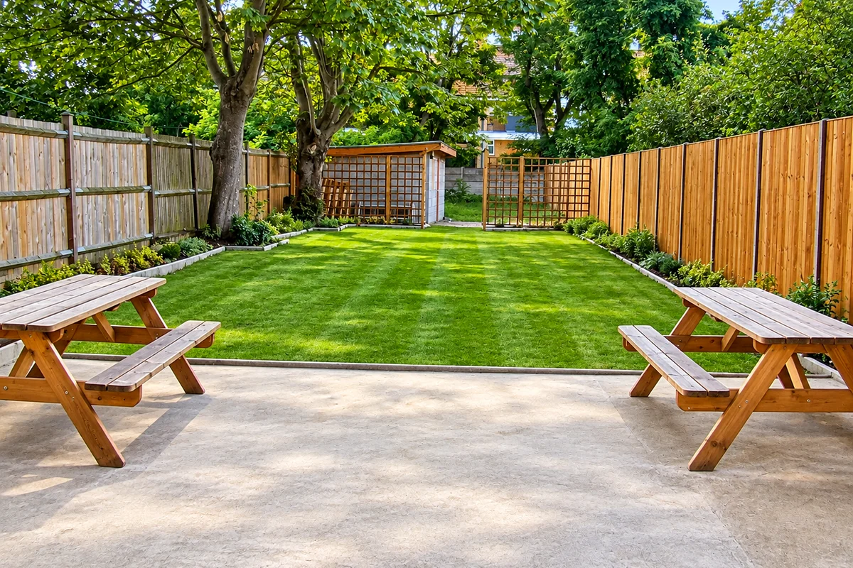 Cedars House garden with outdoor seating and lawn