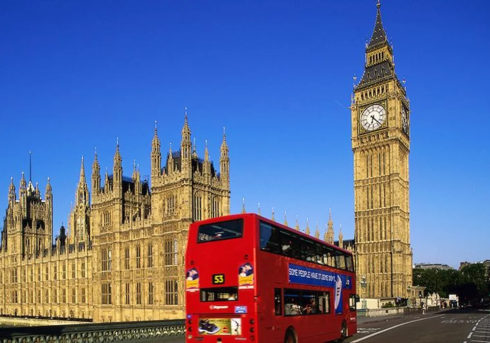 Red double-decker bus with Big Ben and the Houses of Parliament